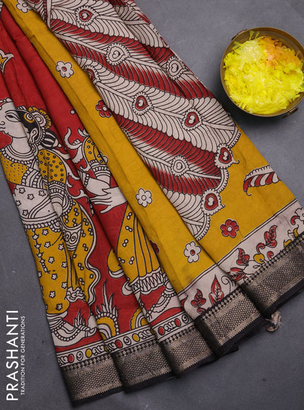 Kalamkari semi silk saree maroon and black with allover prints and mangalgiri border