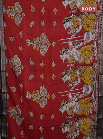 Kalamkari semi silk saree maroon and black with allover prints and mangalgiri border