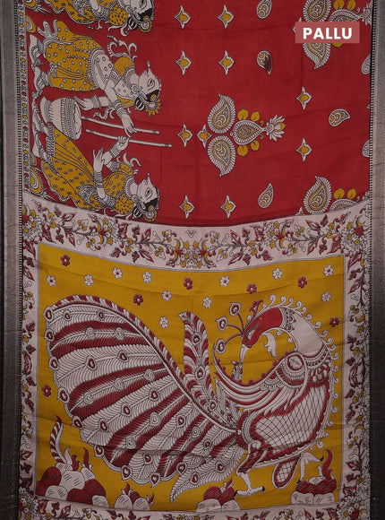 Kalamkari semi silk saree maroon and black with allover prints and mangalgiri border