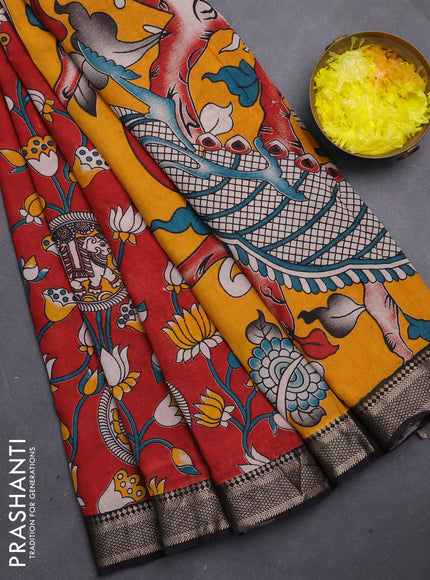 Kalamkari semi silk saree maroon and black with allover prints and mangalgiri border