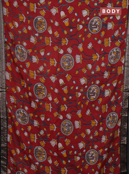 Kalamkari semi silk saree maroon and black with allover prints and mangalgiri border