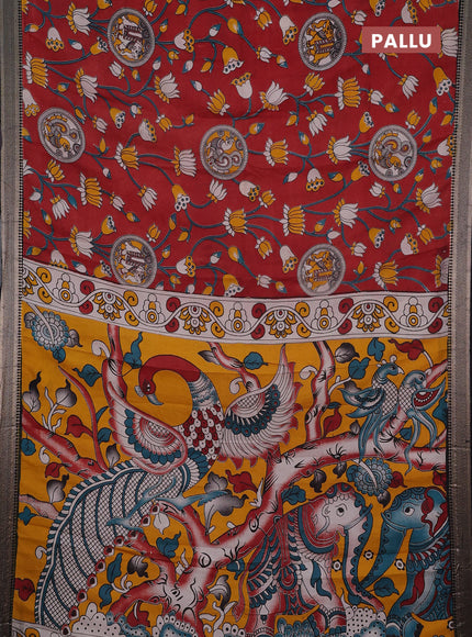Kalamkari semi silk saree maroon and black with allover prints and mangalgiri border