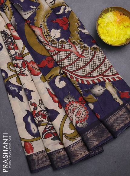 Kalamkari semi silk saree beige and navy blue with allover prints and mangalgiri border