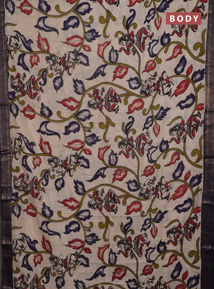 Kalamkari semi silk saree beige and navy blue with allover prints and mangalgiri border