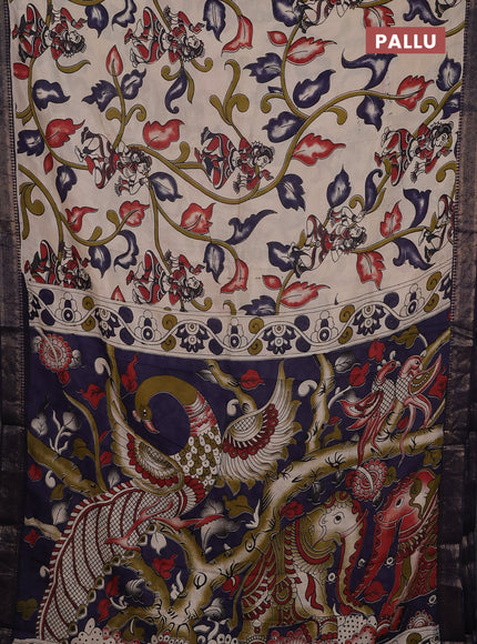 Kalamkari semi silk saree beige and navy blue with allover prints and mangalgiri border