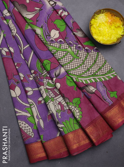 Kalamkari semi silk saree lavender and wine shade with allover prints and mangalgiri border