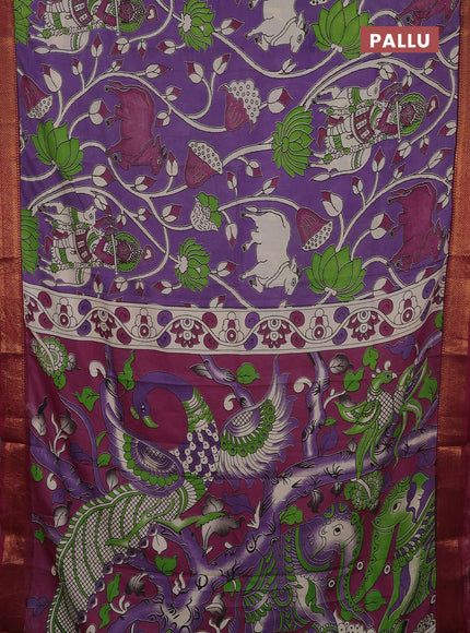 Kalamkari semi silk saree lavender and wine shade with allover prints and mangalgiri border