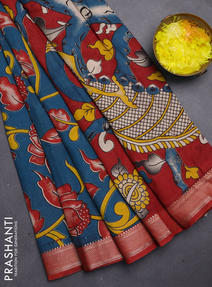Kalamkari semi silk saree peacock green and maroon with allover prints and mangalgiri border