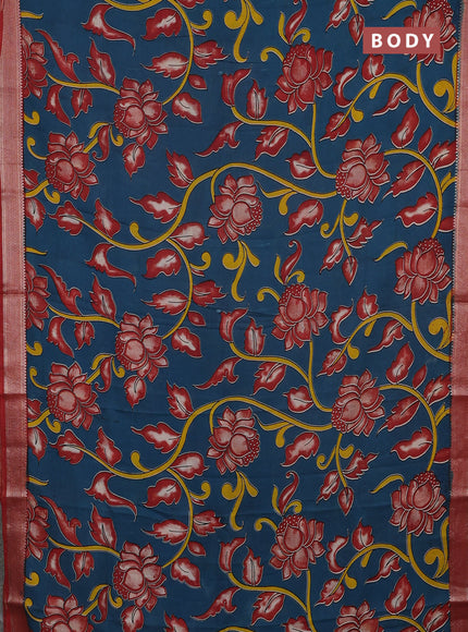 Kalamkari semi silk saree peacock green and maroon with allover prints and mangalgiri border