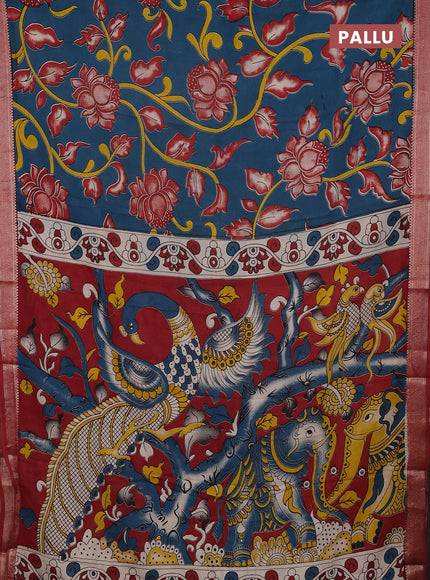 Kalamkari semi silk saree peacock green and maroon with allover prints and mangalgiri border