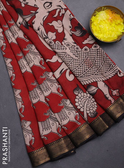 Kalamkari semi silk saree maroon and black with allover pichwai prints and mangalgiri border