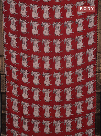 Kalamkari semi silk saree maroon and black with allover pichwai prints and mangalgiri border