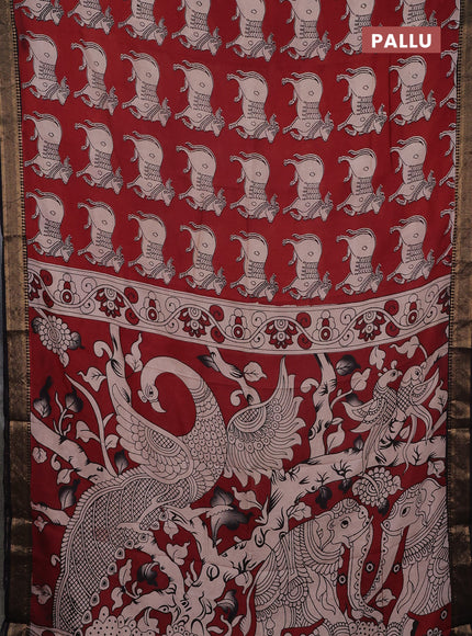 Kalamkari semi silk saree maroon and black with allover pichwai prints and mangalgiri border