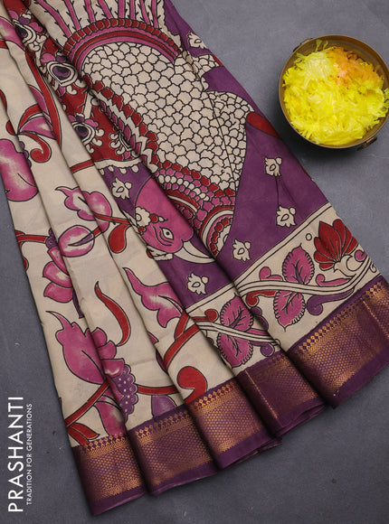 Kalamkari semi silk saree beige and wine shade with allover prints and mangalgiri border