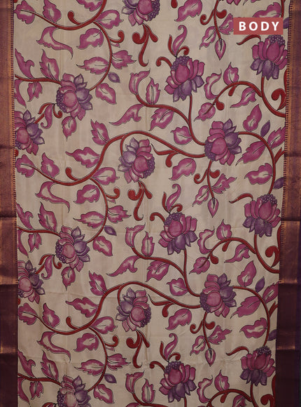 Kalamkari semi silk saree beige and wine shade with allover prints and mangalgiri border