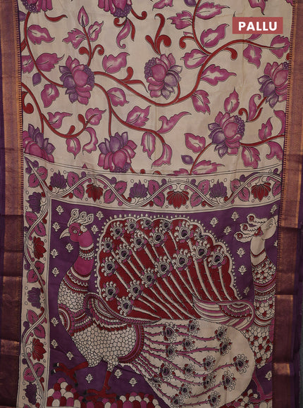 Kalamkari semi silk saree beige and wine shade with allover prints and mangalgiri border