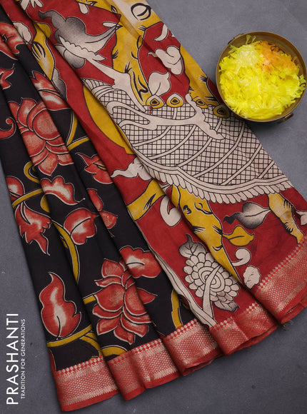 Kalamkari semi silk saree black and maroon with allover prints and mangalgiri border