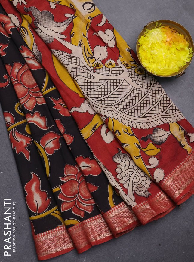 Kalamkari semi silk saree black and maroon with allover prints and mangalgiri border