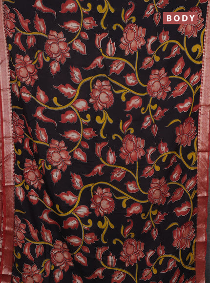 Kalamkari semi silk saree black and maroon with allover prints and mangalgiri border