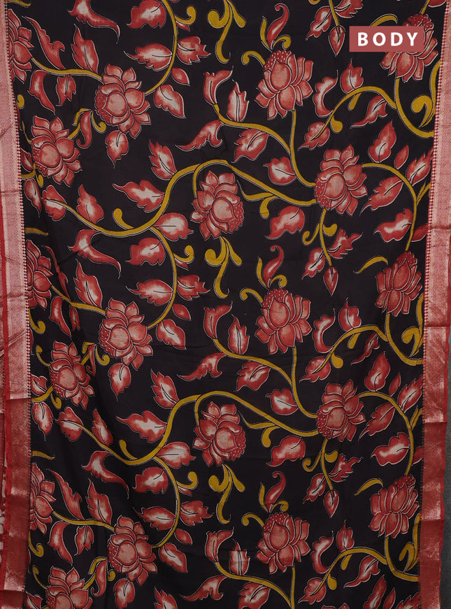 Kalamkari semi silk saree black and maroon with allover prints and mangalgiri border
