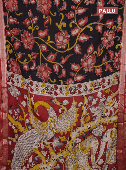 Kalamkari semi silk saree black and maroon with allover prints and mangalgiri border