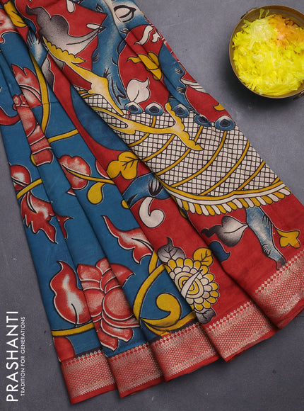 Kalamkari semi silk saree peacock green and maroon with allover prints and mangalgiri border