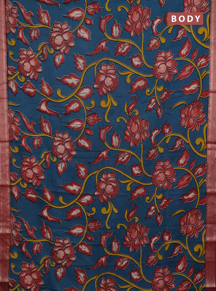 Kalamkari semi silk saree peacock green and maroon with allover prints and mangalgiri border