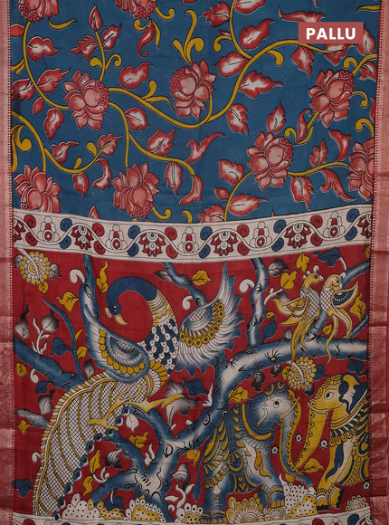 Kalamkari semi silk saree peacock green and maroon with allover prints and mangalgiri border