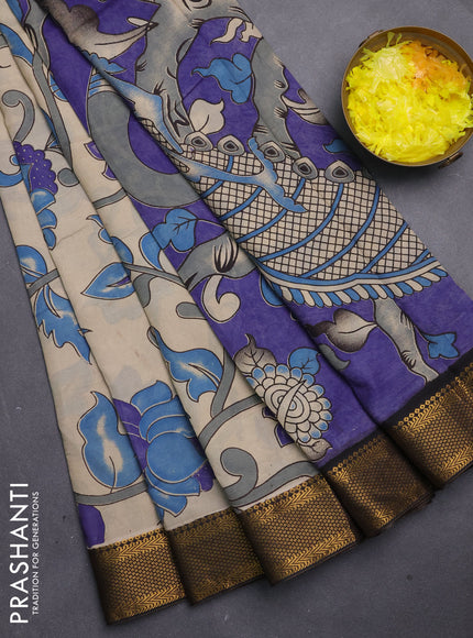 Kalamkari semi silk saree beige and black with allover prints and mangalgiri border