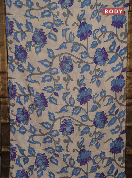 Kalamkari semi silk saree beige and black with allover prints and mangalgiri border