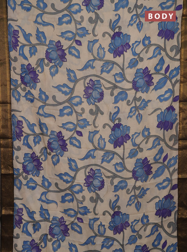 Kalamkari semi silk saree beige and black with allover prints and mangalgiri border