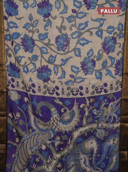 Kalamkari semi silk saree beige and black with allover prints and mangalgiri border