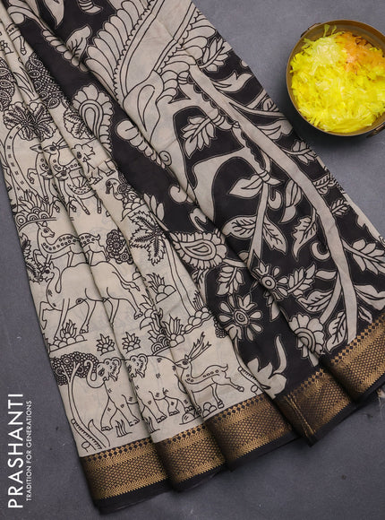 Kalamkari semi silk saree beige and black with allover prints and mangalgiri border