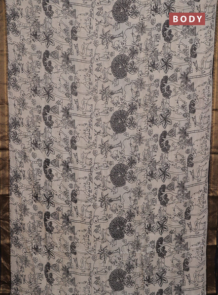 Kalamkari semi silk saree beige and black with allover prints and mangalgiri border