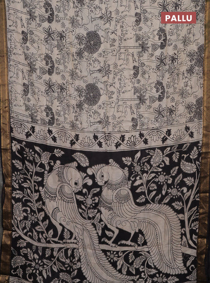 Kalamkari semi silk saree beige and black with allover prints and mangalgiri border