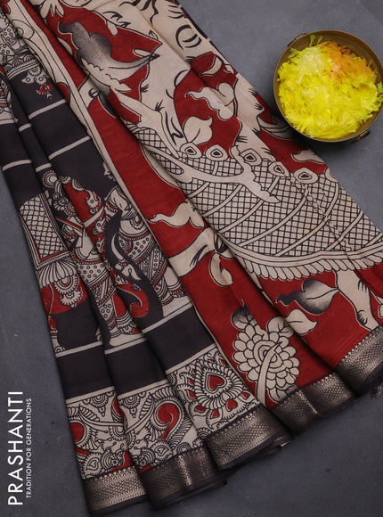 Kalamkari semi silk saree black with allover prints and mangalgiri border