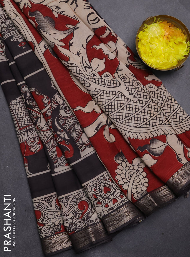 Kalamkari semi silk saree black with allover prints and mangalgiri border