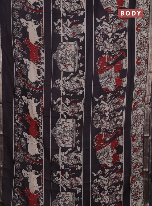 Kalamkari semi silk saree black with allover prints and mangalgiri border