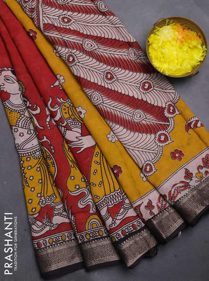 Kalamkari semi silk saree maroon and black with allover prints and mangalgiri border