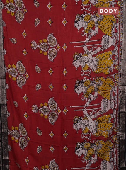 Kalamkari semi silk saree maroon and black with allover prints and mangalgiri border