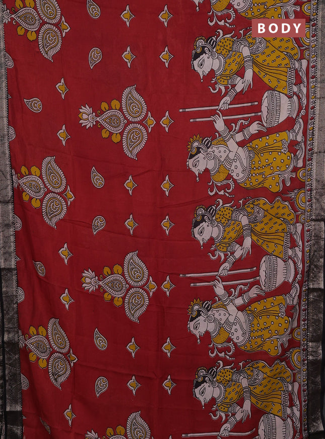 Kalamkari semi silk saree maroon and black with allover prints and mangalgiri border