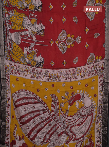 Kalamkari semi silk saree maroon and black with allover prints and mangalgiri border