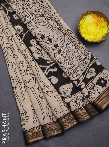 Kalamkari semi silk saree beige and black with allover prints and mangalgiri border