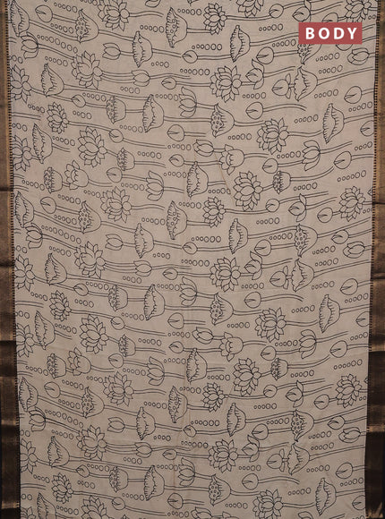 Kalamkari semi silk saree beige and black with allover prints and mangalgiri border