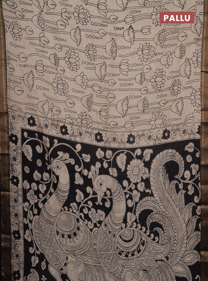 Kalamkari semi silk saree beige and black with allover prints and mangalgiri border