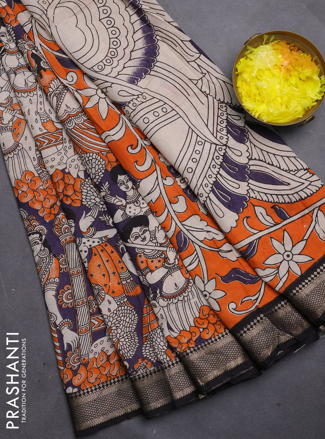 Kalamkari semi silk saree deep violet and black with allover prints and mangalgiri border