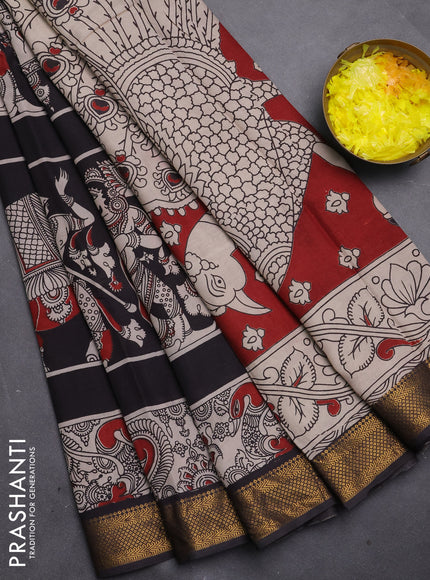 Kalamkari semi silk saree beige and black with allover prints and mangalgiri border