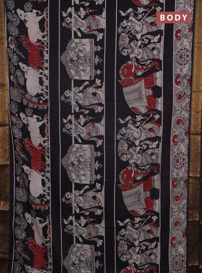 Kalamkari semi silk saree beige and black with allover prints and mangalgiri border
