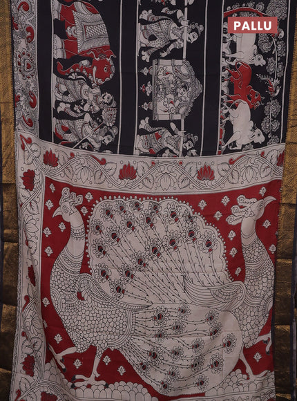 Kalamkari semi silk saree beige and black with allover prints and mangalgiri border