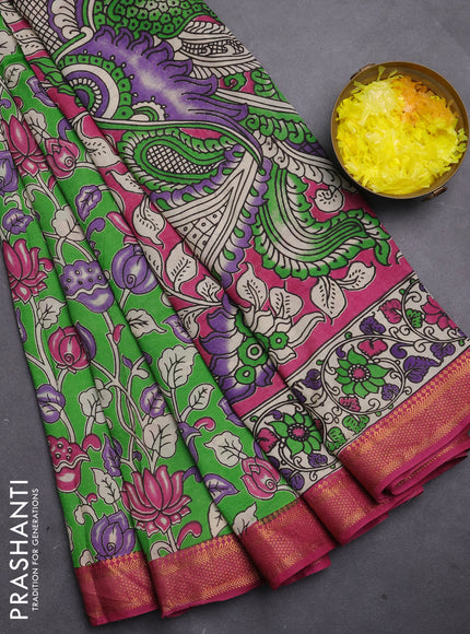 Kalamkari semi silk saree green and pink with allover prints and mangalgiri border